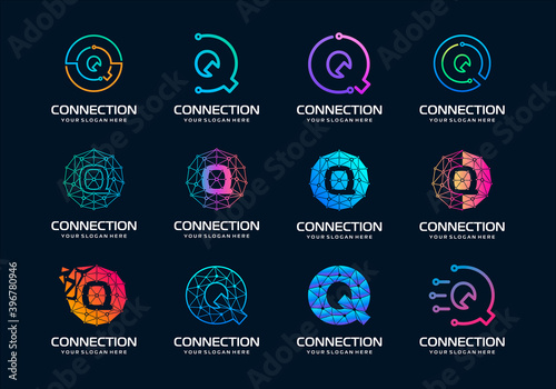 set of creative letter Q Modern Digital Technology Logo Design. The logo can be used for technology, digital, connection, electric company.