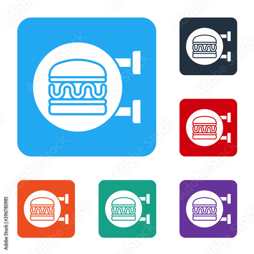 White Online ordering and burger delivery icon isolated on white background. Set icons in color square buttons. Vector.