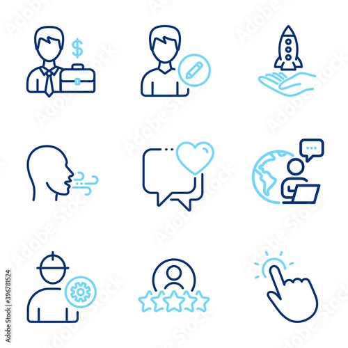 People icons set. Included icon as Breathing exercise, Crowdfunding, Businessman case signs. Heart, Engineer, Edit person symbols. Human rating, Touchpoint line icons. Breath, Start business. Vector