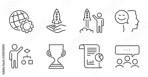 Report, Meeting and Algorithm line icons set. Launch project, Crowdfunding and Good mood signs. Award cup, Globe symbols. Work analysis, Team business, Developers job. Education set. Vector