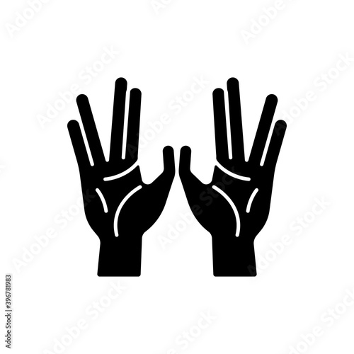 Priestly blessing hands black glyph icon. Two handed symbol. Priestly benediction. Jewish tradition. Synagogue ritual. Cohanim hands. Silhouette symbol on white space. Vector isolated illustration