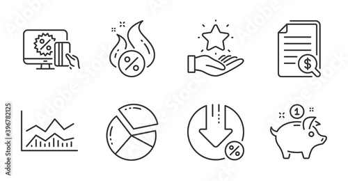 Loan percent, Online shopping and Financial documents line icons set. Trade infochart, Saving money and Pie chart signs. Loyalty program, Hot loan symbols. Quality line icons. Vector