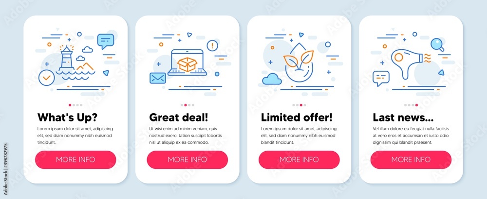 Set of line icons, such as Organic product, Online delivery, Lighthouse symbols. Mobile screen app banners. Hair dryer line icons. Leaf, Parcel tracking website, Navigation beacon. Hairdryer. Vector