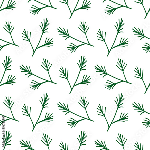 Seamless pattern with simple pine branches on white background. Vector image.