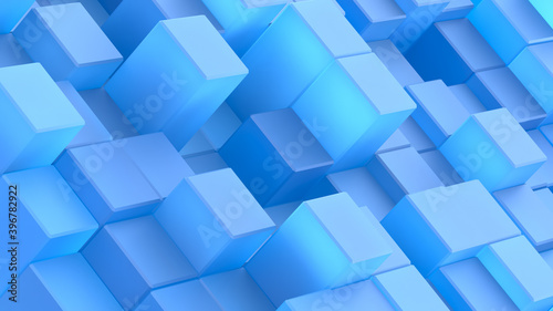 Abstract minimistic geometric shapes background. Blue rectangles and cubes 3d rendering illustration composition. Creative realistic blocks design.