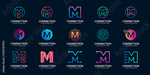 set of creative letter M Modern Digital Technology Logo Design. The logo can be used for technology, digital, connection, electric company.