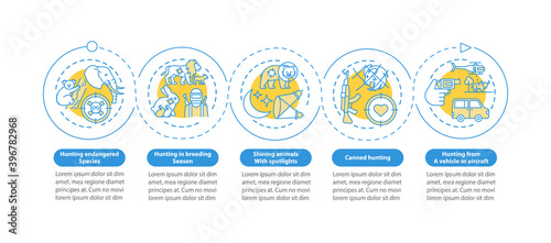 Hunting for wildlife vector infographic template. Animal abuse and cruelty presentation design elements. Data visualization with 5 steps. Process timeline chart. Workflow layout with linear icons