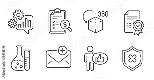 Certificate, Chemistry lab and Accounting report line icons set. Augmented reality, New mail and Reject protection signs. Like, Cogwheel symbols. Verified document, Laboratory, Check finance. Vector