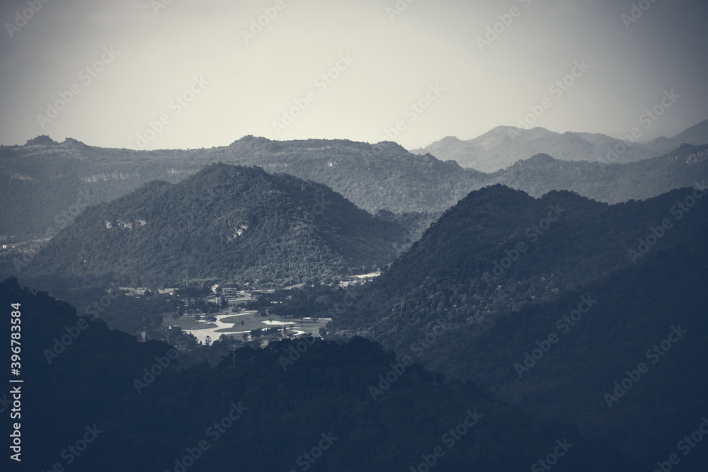 Silhouette of mountains, Dark tone. Retro filter effects