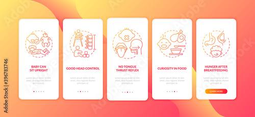 Introducing baby food requirements onboarding mobile app page screen with concepts. Curiosity in food walkthrough 5 steps graphic instructions. UI vector template with RGB color illustrations