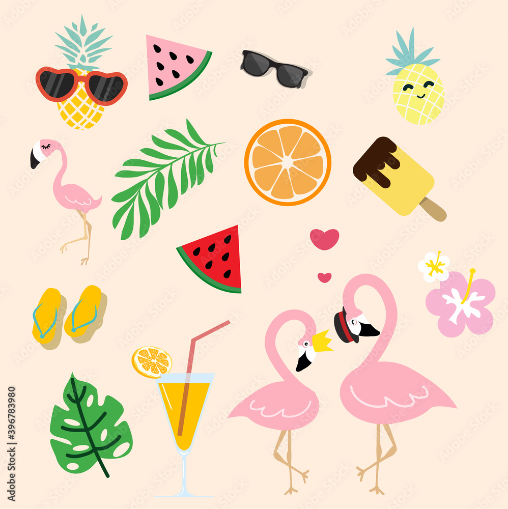 Naklejka premium cute pink flamingo with tropical summer