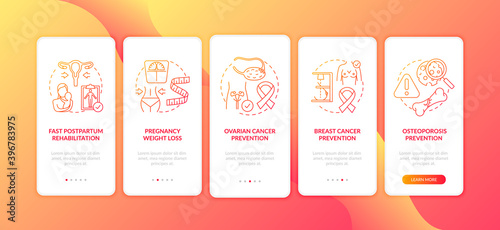 Breastfeeding benefits for women onboarding mobile app page screen with concepts. Breast cancer prevention walkthrough 5 steps graphic instructions. UI vector template with RGB color illustrations