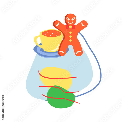 Merry Christmas flat vector concept illustration with abstract shapes. Sweet ginger bread. Traditional festive biscuit. Coffee in mug. Tea in cup. Wintertime 2D organic cartoon elements