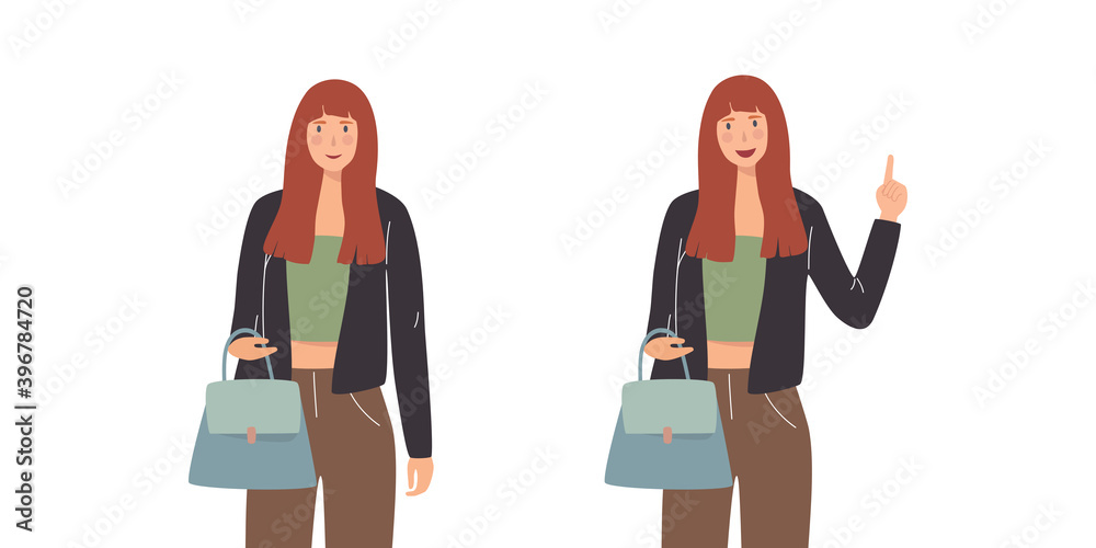 Trendy lady teen holding handbag. Woman pointing up. Raise hand. Vector illustration. Trendy lady teen holding handbag. Woman pointing up. Raise hand. Vector illustration.
