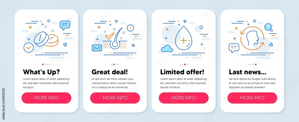 Set of Healthcare icons, such as Medical tablet, Oil serum, Anti-dandruff flakes symbols. Mobile screen banners. Face id line icons. Medicine pill, Cosmetic care, Healthy hair. Vector