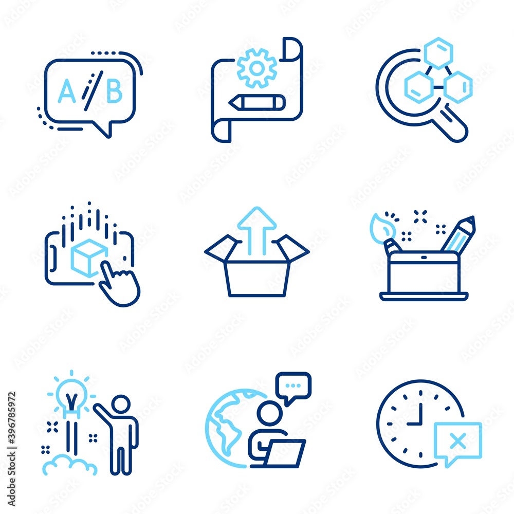 Technology icons set. Included icon as Creative idea, Creativity concept, Chemistry lab signs. Cogwheel blueprint, Augmented reality, Send box symbols. Ab testing, Time line icons. Vector Technology icons set. Included icon as Creative idea, Creativity concept, Chemistry lab signs. Cogwheel blueprint, Augmented reality, Send box symbols. Ab testing, Time line icons. Vector