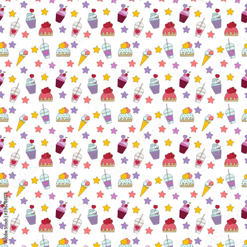 Seamless vector pattern of sweets, cupcakes and cake with coffee