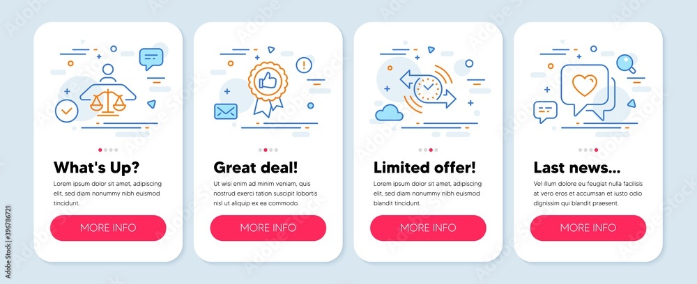 Set of Business icons, such as Timer, Court judge, Positive feedback symbols. Mobile screen banners. Heart line icons. Stopwatch, Judgement, Award medal. Love chat. Timer icons. Vector Set of Business icons, such as Timer, Court judge, Positive feedback symbols. Mobile screen banners. Heart line icons. Stopwatch, Judgement, Award medal. Love chat. Timer icons. Vector
