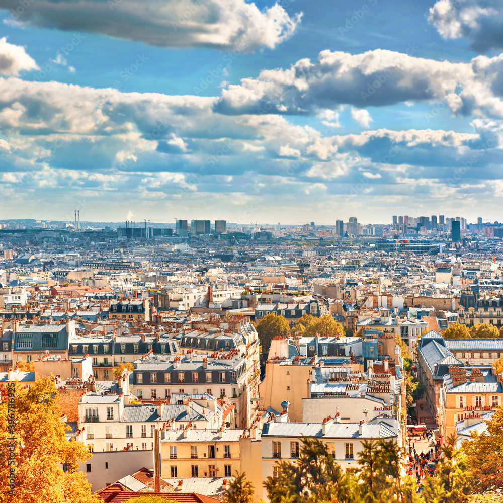 City of autumn Paris from Montmartre. Beautiful fall travel cityscape