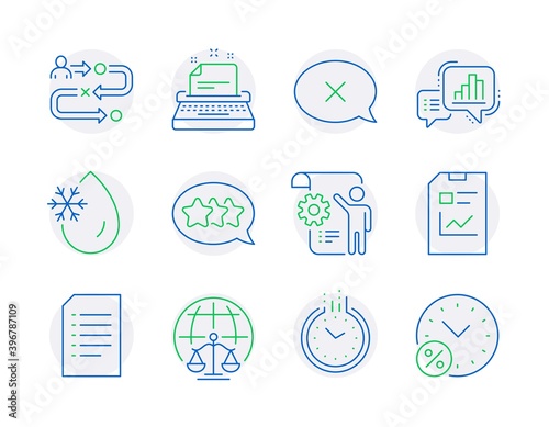 Technology icons set. Included icon as Magistrates court, Freezing water, Settings blueprint signs. Graph chart, Document, Stars symbols. Typewriter, Report document, Time. Reject. Vector