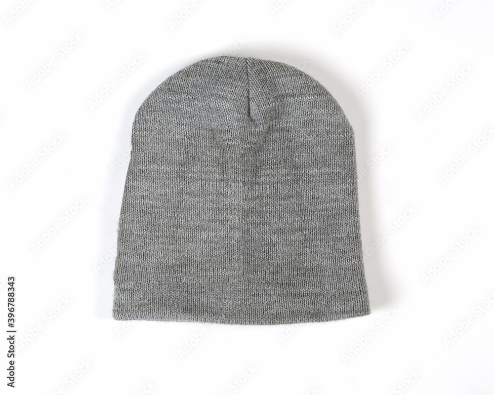 gray woll beanie winter beanie hat. beanie hat isolate white background. Blank Beanie Hat Mockup with Free Space for Your Design on a white background. Head cover suitable for winter. Stock Foto