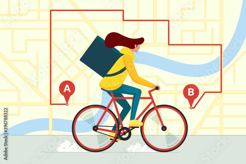 Delivery young female courier riding bicycle with package product box. Fast shipping service concept on city street map plan with GPS pins and navigation route. Vector flat eps illustration