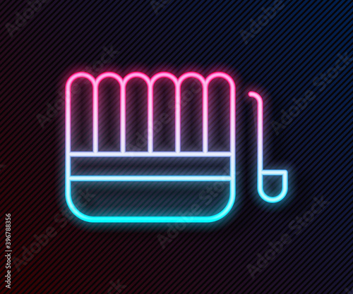 Glowing neon line Sauna bucket and ladle icon isolated on black background. Vector Illustration.