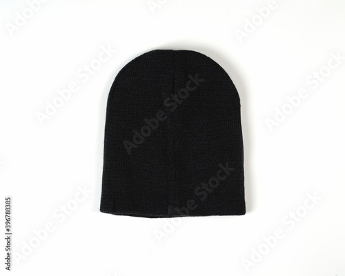 black woll beanie, winter beanie hat. beanie hat isolate white background. Blank Beanie Hat Mockup with Free Space for Your Design on a white background. Head cover suitable for winter.