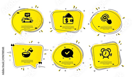Cogwheel settings, Approved and Cooking water icons simple set. Yellow speech bubbles with dotwork effect. Vip transfer, Wallet and Time management signs. Engineering tool, Chat message, Glass. Vector