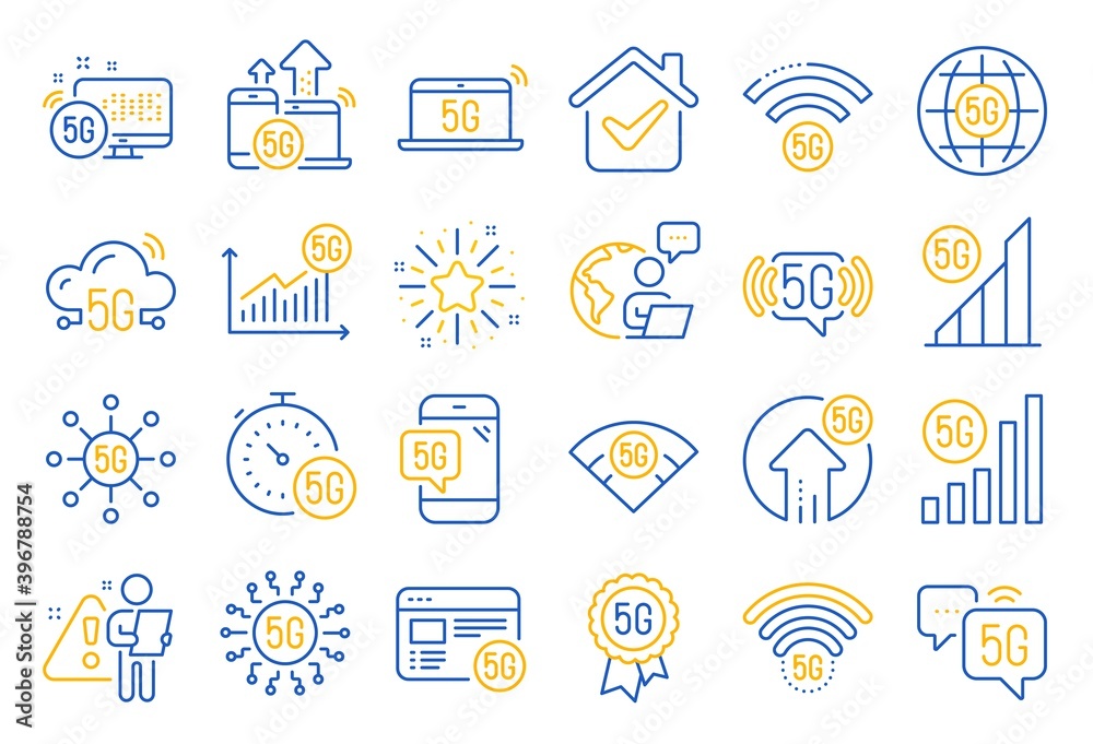 5G technology line icons. Mobile network, fast internet, phone connection. Hotspot signal, mobile telecommunications, wifi internet icons. 5G cellular network technology. Line icon set. Vector