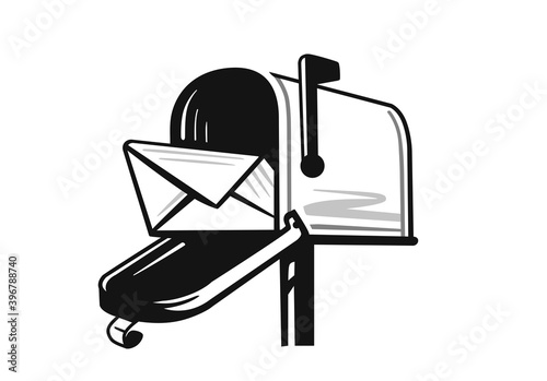 american black open mailbox with letter on white background