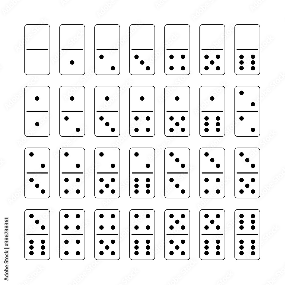 Domino set. Complete assorted game, collection of 28 arranged white tiles with black dots. Isolated outline vector illustration on white background.
Domino set. Complete assorted game, collection of 28 arranged white tiles with black dots. Isolated outline vector illustration on white background.
