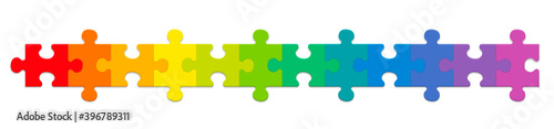 Puzzle pieces, rainbow gradient colored jigsaw puzzle pieces, twelve different colors in a row. Isolated vector illustration on white background.
