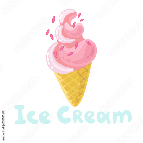 Cartoon ice cream. Colorful ice cream wafer cones and popsicles. Summer sweet food. Pink topping isolated on white background. Vector illustration for web design, print. Floating doodle flat style.