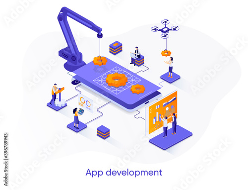 App development isometric web banner. Mobile application design, full stack programming isometry concept. Software development 3d scene, digital technology flat design. Vector illustration with people