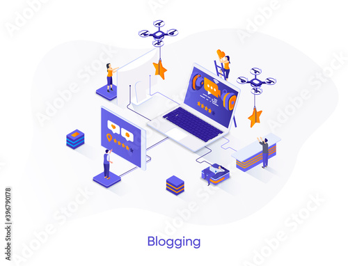 Blogging isometric web banner. Multimedia content publishing online isometry concept. Personal video production 3d scene, blogging platform flat design. Vector illustration with people characters.