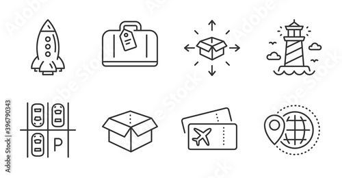 Parking place, Boarding pass and Parcel delivery line icons set. World travel, Lighthouse and Hand baggage signs. Rocket, Open box symbols. Transport, Flight ticket, Logistics service. Vector