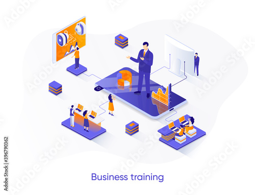 Business training isometric web banner. Professional education isometry concept. Career growth, skills development 3d scene, coaching webinar flat design. Vector illustration with people characters