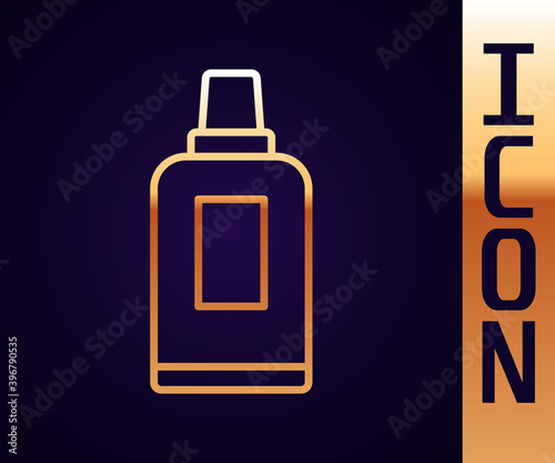 Gold line Plastic bottle for laundry detergent, bleach, dishwashing liquid or another cleaning agent icon isolated on black background. Vector.