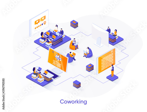 Coworking isometric web banner. Freelancers workspace isometry concept. Open space area for business communication and collaboration 3d scene design. Vector illustration with people characters.
