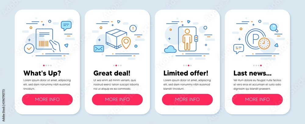 Set of Transportation icons, such as Parcel tracking, Elevator, Parcel invoice symbols. Mobile screen mockup banners. Parking time line icons. Vector