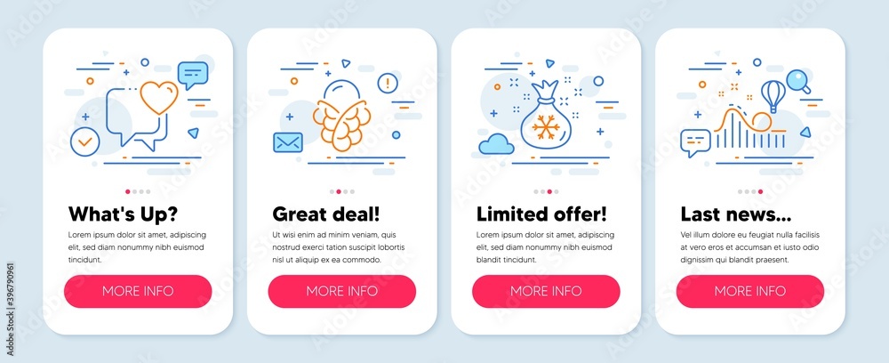 Set of Holidays icons, such as Heart, Ice cream, Santa sack symbols. Mobile app mockup banners. Roller coaster line icons. Love chat, Bubble waffle, Gifts bag. Attraction park. Heart icons. Vector