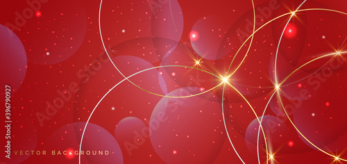 Abstract gold circles lines overlapping on red background.