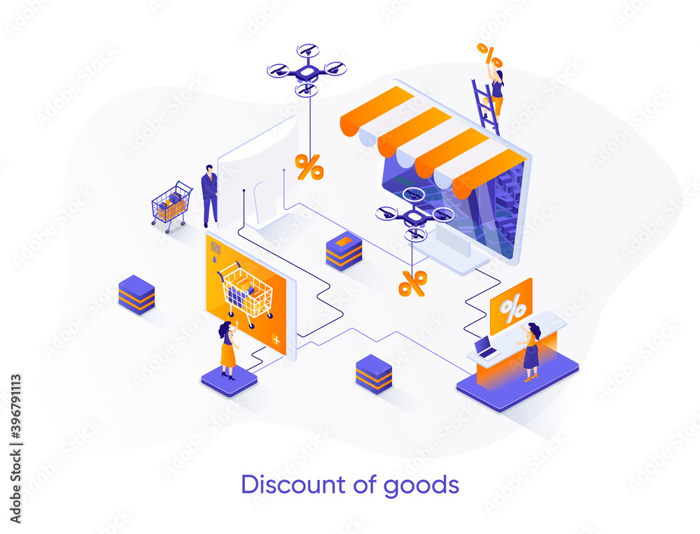 Obraz premium Discount of goods isometric web banner. Seasonal discounting and online shopping isometry concept. Retail advertising 3d scene, sales proposition design. Vector illustration with people characters.