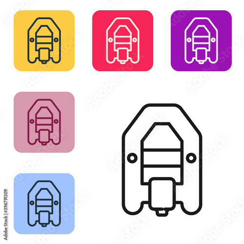Black line Rafting boat icon isolated on white background. Inflatable boat with paddles. Water sports, extreme sports, holiday, vacation. Set icons in color square buttons. Vector.