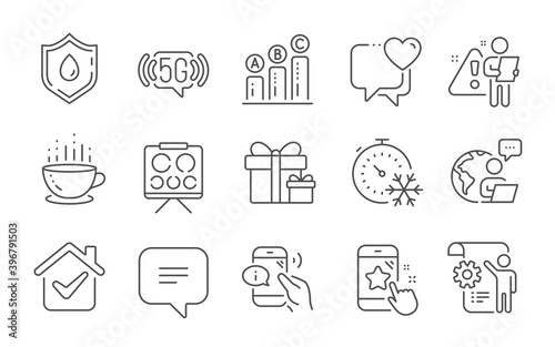 Blood donation, Call center and Graph chart line icons set. Vision board, Settings blueprint and Freezing timer signs. Text message, 5g wifi and Surprise package symbols. Line icons set. Vector
