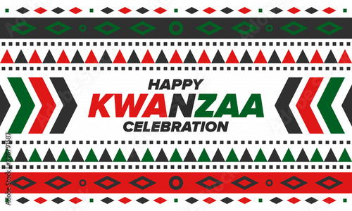 Kwanzaa Happy Celebration. African and African-American culture holiday. Seven days festival, celebrate annual from December 26 to January 1. Black history. Poster, card, banner and background. Vector