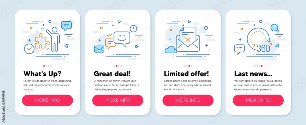 Set of Technology icons, such as Reject letter, Happy emotion, Strategy symbols. Mobile screen mockup banners. 360 degrees line icons. Delete mail, Web chat, Business plan. Panoramic view. Vector Set of Technology icons, such as Reject letter, Happy emotion, Strategy symbols. Mobile screen mockup banners. 360 degrees line icons. Delete mail, Web chat, Business plan. Panoramic view. Vector