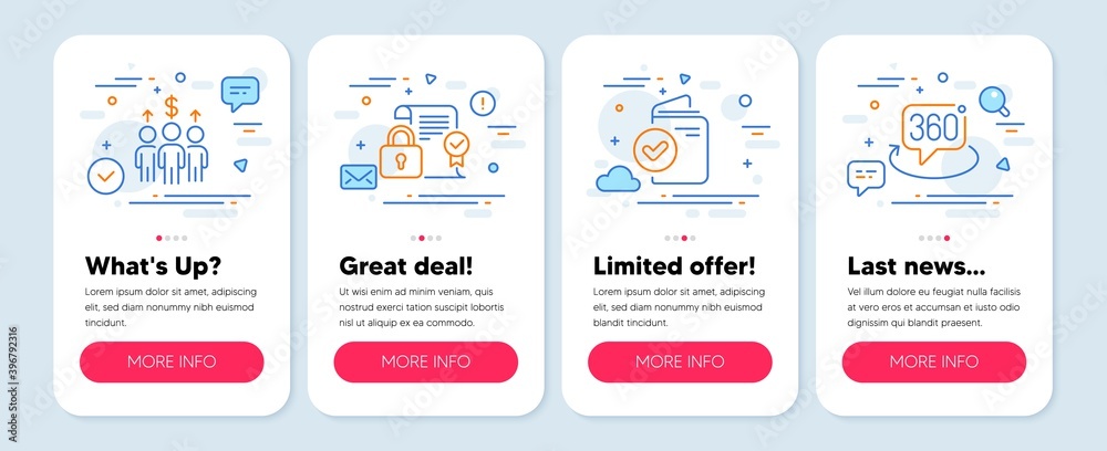 Set of Business icons, such as Meeting, Verification document, Security contract symbols. Mobile screen banners. 360 degree line icons. Business collaboration, Approved passport, Private lock. Vector Set of Business icons, such as Meeting, Verification document, Security contract symbols. Mobile screen banners. 360 degree line icons. Business collaboration, Approved passport, Private lock. Vector