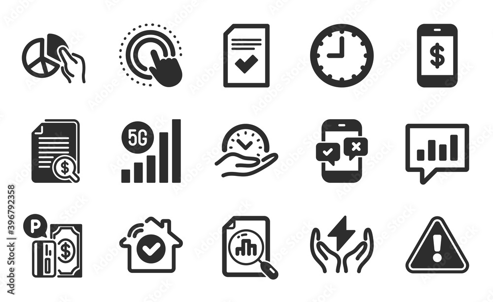 Click hand, Checked file and Pie chart icons simple set. Financial documents, 5g wifi and Time signs. Smartphone payment, Phone survey and Safe time symbols. Flat icons set. Vector Click hand, Checked file and Pie chart icons simple set. Financial documents, 5g wifi and Time signs. Smartphone payment, Phone survey and Safe time symbols. Flat icons set. Vector